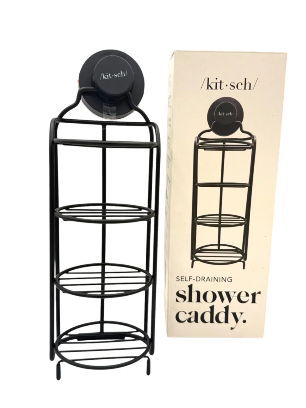 Kitsch Self-Draining Shower Caddy Black Suction Adhesive Freestanding